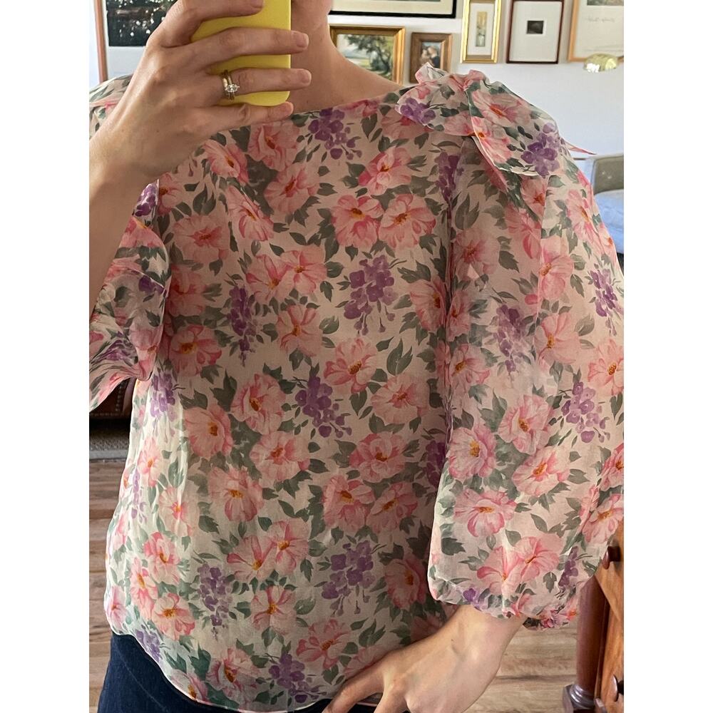 Oscar de la Renta 80 Vintage Floral Sheer Voile Blouse
